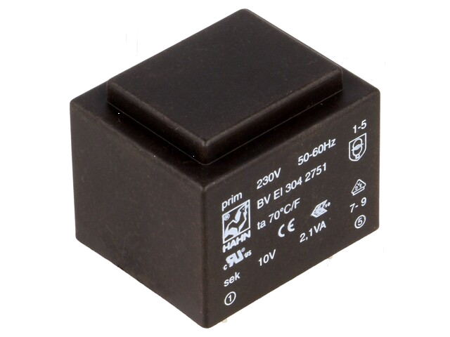 Transformator: ingegoten; 2,1VA; 230VAC; 10V; 210mA; PCB; BVEI Transformator: ingegoten; 2,1VA; 230VAC; 10V; 210mA; PCB; BVEI